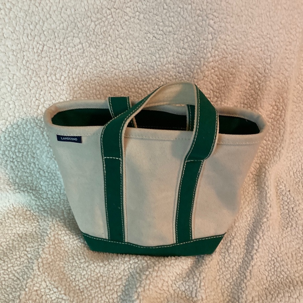 Lands' End Green and Cream Canvas Tote